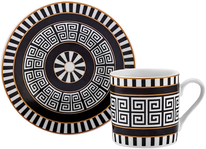 KARACA Helenistik Porcelain Turkish Coffee Cups Set for 6 People - 12 Piece Espresso Cup with Saucers - Drinking Serving Gift Set for Women - Ideal for Serving Turkish Coffee (Black and White, 80 ml)