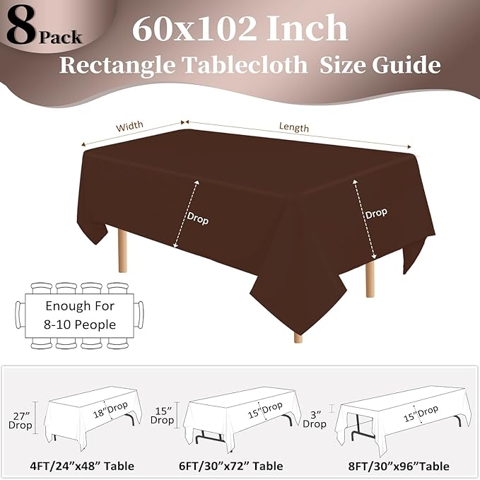 8 Pack Brown Tablecloth 60x102 Inch Rectangle Table Cloth for 6 Foot Rectangle Tables, Wrinkle Resistant Washable Polyester Fabric Rectangular Table Cover for Dining Banquet Wedding Party