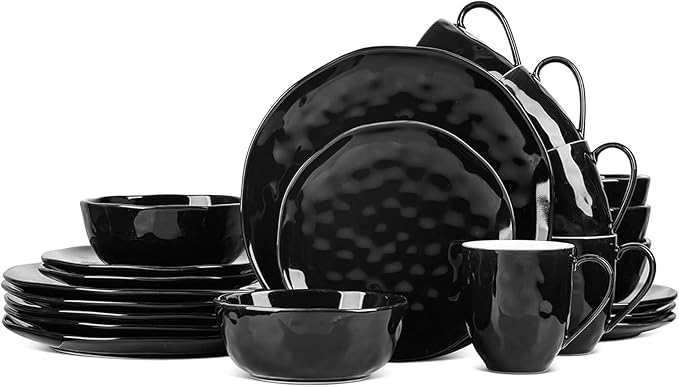 Stone Lain Ivy Stoneware 24 Piece Dinnerware Set, Home Kitchen Dish Set with Dinner Plates, Salad Plates, Bowls, & Mugs - Service for 6, Black