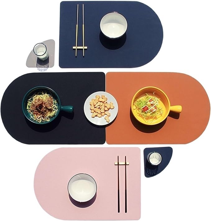 Placemat Washable Set Dual Side Tableware Pad Leather Heat Lnsulation Waterproof Non-Slip Bowl Coaster Kitchen(Pink Dark Gray)