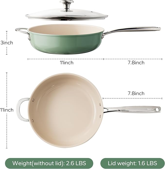 Redchef Ceramic Saute Pan with Lid, Nonstick Deep Frying Pan, 5QT Jumbo Cooker with Helper Handle & Lid, Non Toxic Ceramic Cooking Pan, Chef Pan, Dishwasher & Oven Safe, PFAS PFOA & PTFE Free（Green）