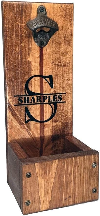 Bottle Opener with Dropbox Cap Catcher - Wall Mount or Freestanding - Laser Engraved - Personalized Christmas Gift idea for men Rustic Wood Groomsmen Gift Sets, Wedding and Anniversary Presents