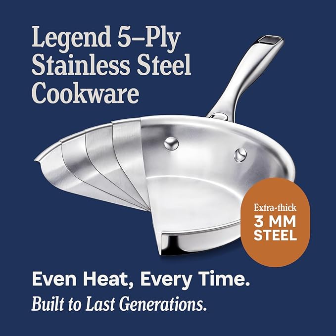 LEGEND COOKWARE 5-Ply Stainless Steel 12-Inch Frying Pan - Induction Compatible, Oven Safe 800°F - Non-Toxic, No Coatings - Even Heating, Won't Warp - Built to Last Generations