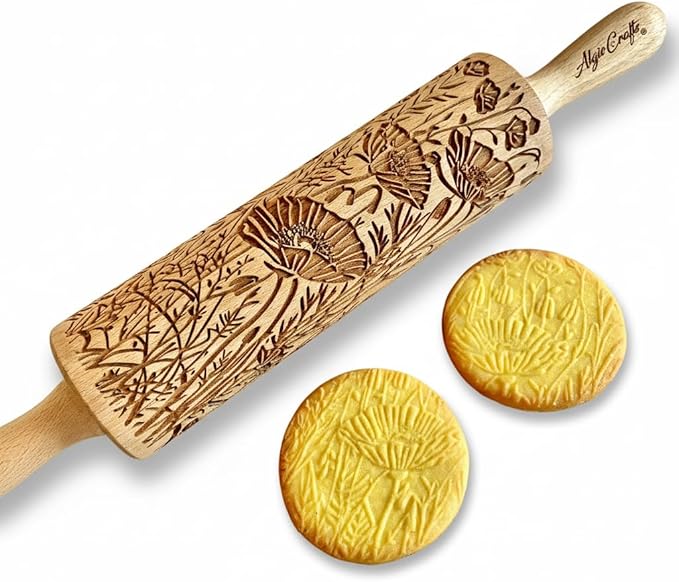 WILD POPPY Embossing Rolling Pin with Flowers Pattern. Dough and Clay Roller for Embossed Cookies and Pottery. Cookie and Ceramic Stamp. Backing Gifts for Women by Algis Crafts