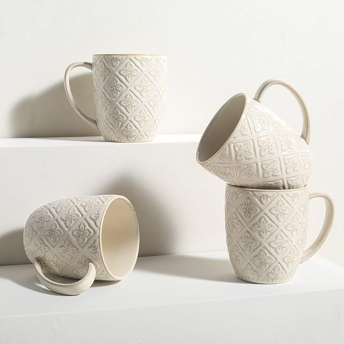 Coffee Mug Set of 4, 16 oz Large Ceramic Mugs, Porcelain Embossed Cups for Cocoa, Tea, Milk, Mocha, Cappuccino - Housewarming Present, Wedding Decoration, Dishwasher Safe, 3.5 x 4.5 inch