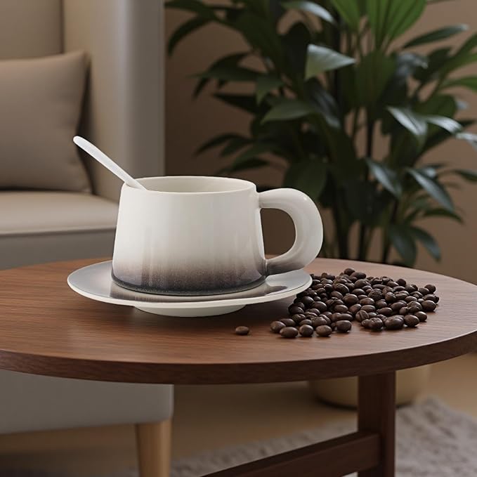 Ceramic Cappuccino Cup and Saucer Set, 8 oz, White with Pink Gradient, Microwave Safe, with Spoon (coffee)