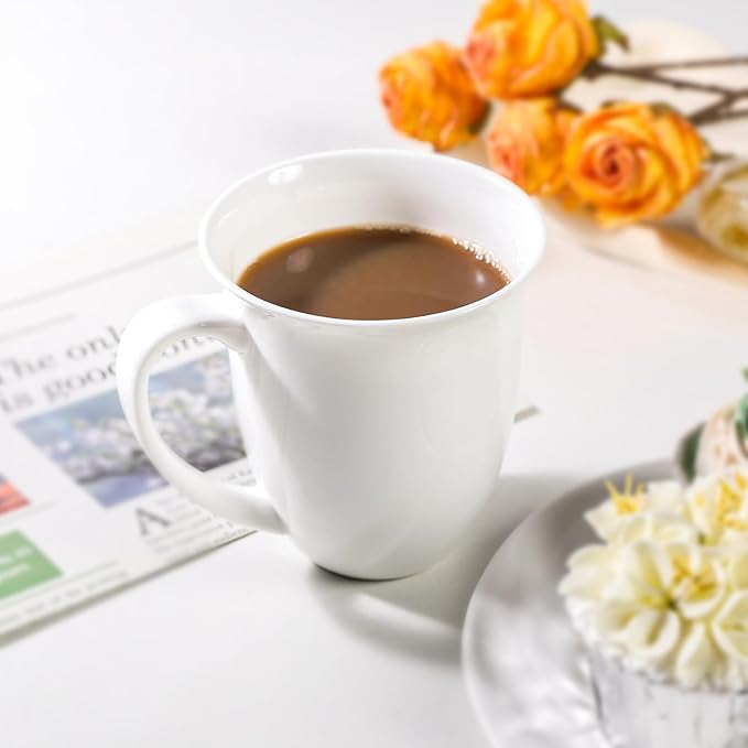 Fine Bone China Coffee Mugs Set of 4, 13 Oz White Tea Cups with Outwardly Tilted Rim, Wide Mouth Lightweight Ceramic Coffee Mugs, DIY Gifts for Coffee & Tea Lovers