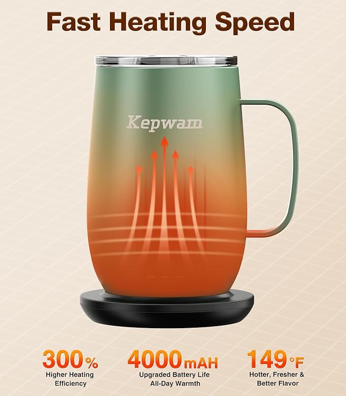 Kepwam Heated Coffee Mug T2-Plus, 20oz Leading Large Capacity Self Heating Coffee Mug, Up to 8 Hrs Battery & Hot Up to 149℉, Smart Coffee Mug for Women, Men