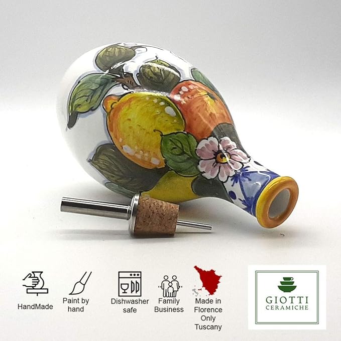Italian Ceramic Olive Oil Dispenser Bottle - Hand Painted Oil Cruet Lemon Fruits Design for Kitchen - Made in ITALY Tuscany - Italian Pottery