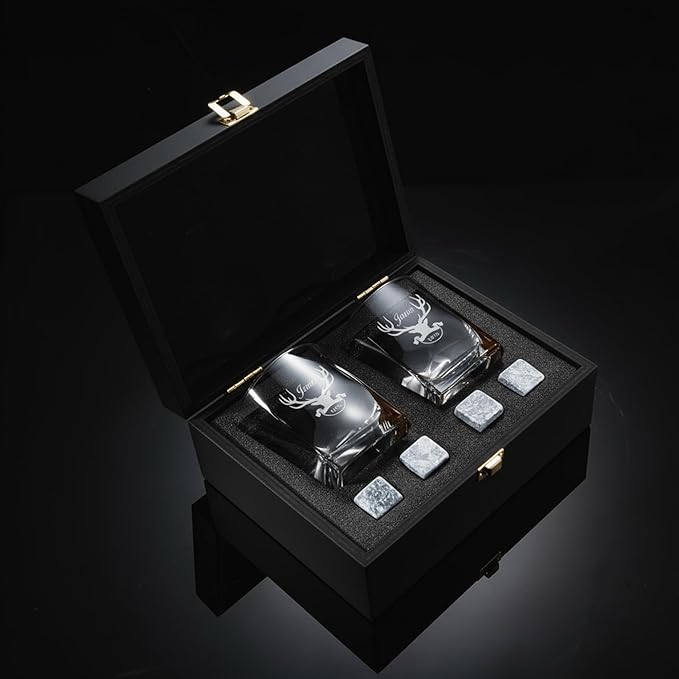 Personalized Whiskey Glass Gift Set – 10.25 oz Engraved 2 Bourbon Glass & 4 Stones & 2 Wooden Coaster with Wooden Box,Old Fashioned Cocktail Glass,Groomsmen & Father’s Day Gift