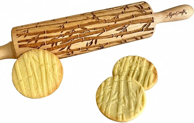 BAMBOO Embossed Rolling Pin for Ceramic. Clay Roller and Ceramic Stamp for Embossing Pottery. Baking Gifts for Women by Algis Crafts for Embossed Cookies