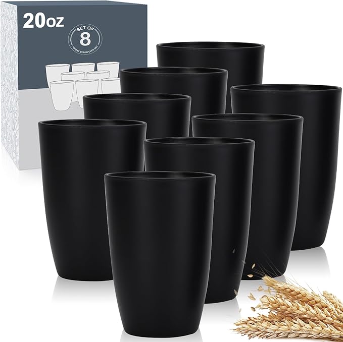 Wrova Wheat Straw Cups Set of 8 Good Alternative to Plastic Cups 20 oz Unbreakable Drinking Cup Reusable Tumbler Dishwasher Safe Water Glasses Black