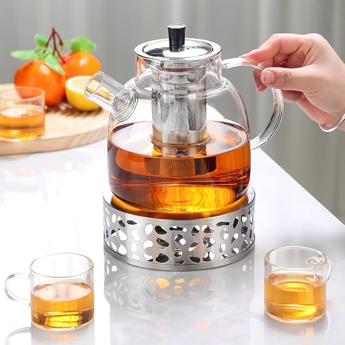 1400ml/47oz Durable Glass Teapot with Infusers for Loose Tea, Heat Resistant Stovetop Safe Tea Pot Maded of Thick Borosilicate Glass, Multifunctional for Loose Tea Bag