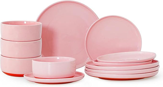 12 Piece Dinnerware Set, Dual Glaze Stoneware Plates and Bowls Sets, Modern Dinner Plate, Salad Plate, Cereal Bowl, Dish Set for 4, Microwave and Dishwasher Safe, Pink