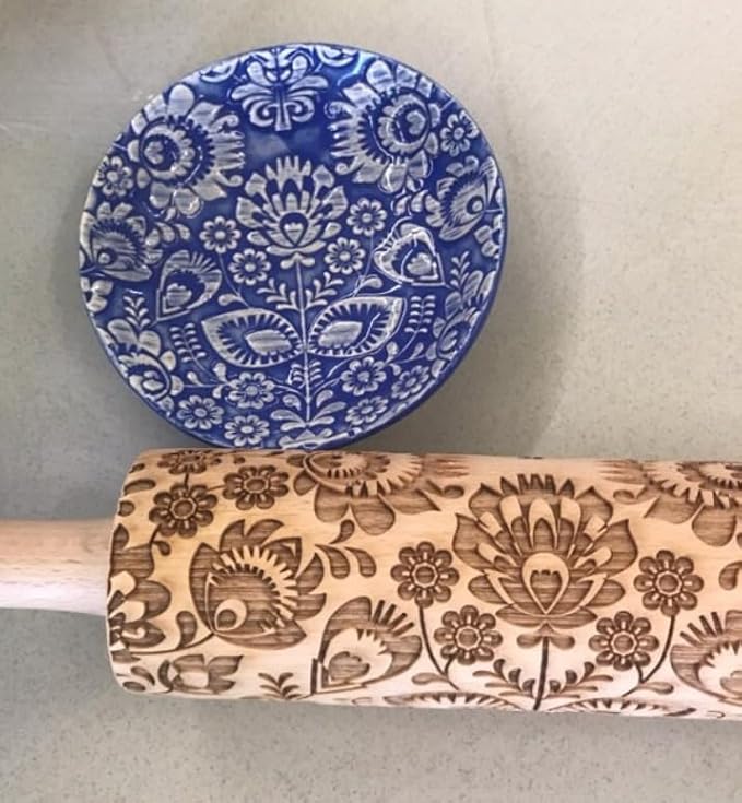 FLOWERS 3 Kid Rolling Pin Set with Damask, Folk and Floral Wreath Patterns. Wooden Laser Cut Mini Rolling Pins for Cookies, Play Dough, Salt Dough or Clay by Algis Crafts