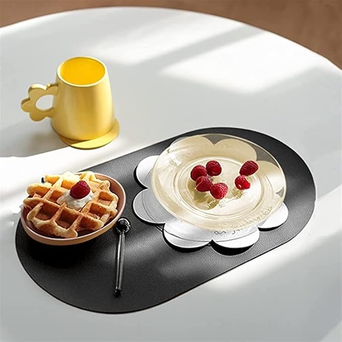 Set of 1/4 Faux Leather PU Placemats Black Oval Round Dinning Table Mats Wipeable Plate Round Mats Nordic Style(DS Coffee White,44x30cm 4pcs)