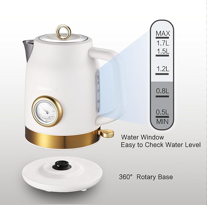 Retro Electric Kettle, 1.7L 304 Stainless Steel Tea Kettle with Temperature Gauge, 1500W Fast Boiling Water Boiler,Auto Shut-Off & Boil-Dry Protection, BPA-Free, Matte White and Gold