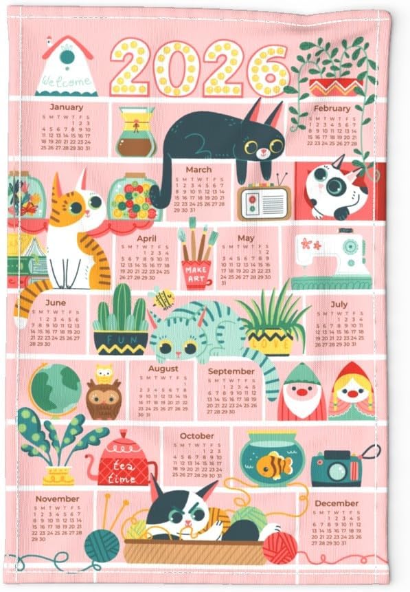 Cat 2026 Calendar Linen Cotton Blend Wall Hanging, 16x26 inches- No Hanger Included