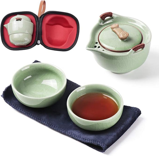 Travel Ceramic Tea Pot Set, Chinese Kung Fu Teapot 1 Pot 2 Mini Cup Porcelain Gongfu Teacups with Infuser Portable Bag All in One for Picnic Outdoor Camping Hotel