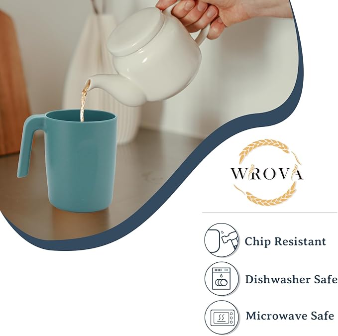 Wrova 16oz Wheat Straw Cups with handles set of 6-Plastic Cups Reusable-Unbreakable Kids Mugs-Dishwasher Safe & Microwave Safe-Ideal Plastic Mugs for Tea,Coffee,Camping,RV-Green