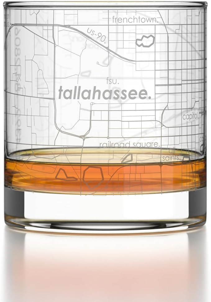 Well Told Engraved Tallahassee Florida Map Rocks Glass, Old Fashioned Glassware (11 oz, Clear) Etched Bourbon Tumbler, Gifts For Whiskey Lovers