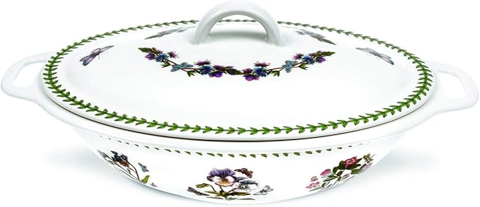 Portmeirion Botanic Garden Oval Covered Casserole | 15 Inch Casserole Dish with Assorted Floral Motifs | Made from Porcelain | Dishwasher and Microwave Safe