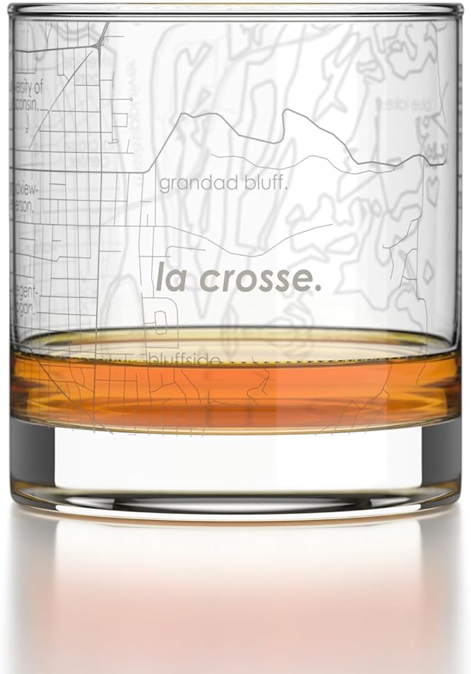 Well Told Engraved La Crosse Wisconsin Map Rocks Glass, Old Fashioned Glassware (11 oz, Clear) Etched Bourbon Tumbler, Gifts For Whiskey Lovers