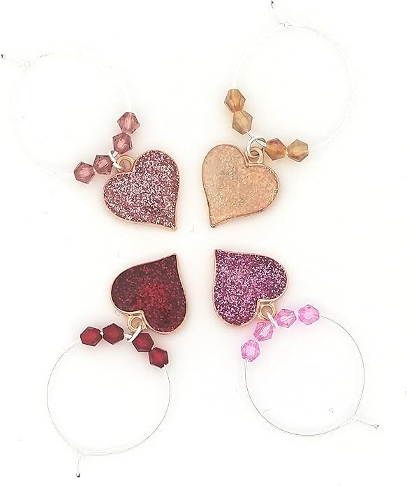 Valentine's Day Heart Wine Charms, Gift For Her, Heart Shaped Wine Charms, Glass Tag Identifiers, Party Favors - 4 Piece Set