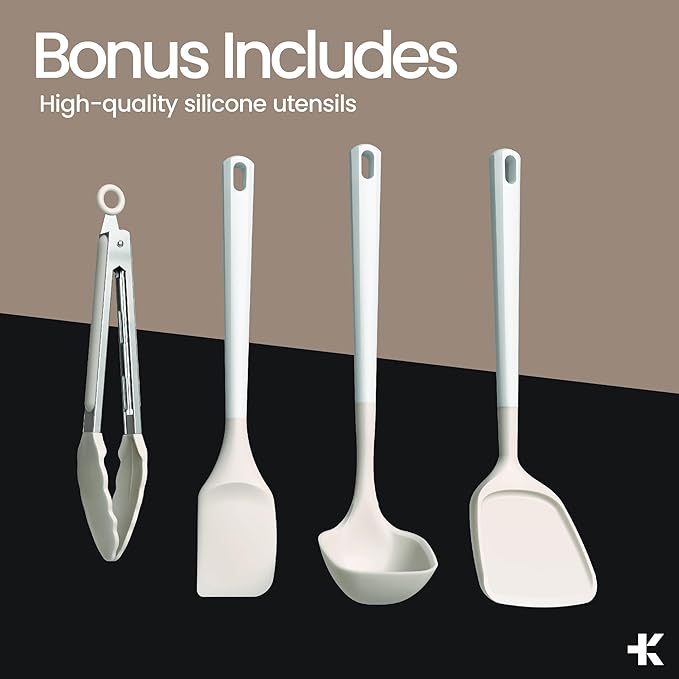 Bakken 12-Piece Aluminum Cookware Set with Ceramic Nonstick Coating, PTFE & PFAS Free, All Stovetop Safe Up To 500°F, Pots and Pans Set with Lids, Silicone Utensils Included, Dishwasher Safe, Cream