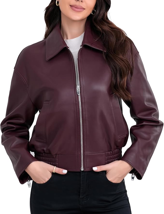 SILVER FASHIONS Leather Jacket Women,Cropped Lambskin Bomber Jacket,Removable Sherpa Collar, Zip Front, Elasticized Hem