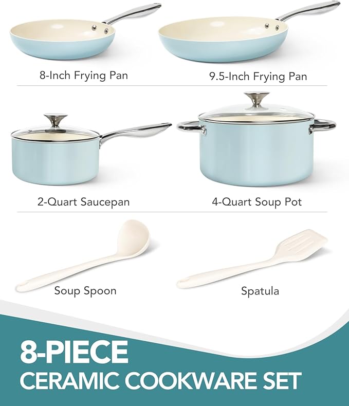 MICHELANGELO Pots and Pans Set Non Stick - Titanium Cookware Set Non Toxic Ceramic Coating, 8-Pcs Nonstick Pots and Pans with Ergonomic Handle, Dishwasher Safe & Induction Compatible, Blue