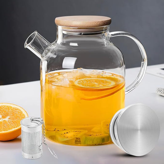 Set of 5 Glass Tea Pot with Bamboo/Stainless Lid and 2 Removable Stainless Steel Spring Infusers - Clear Teapot, Glass Tea Kettle, Stovetop Safe