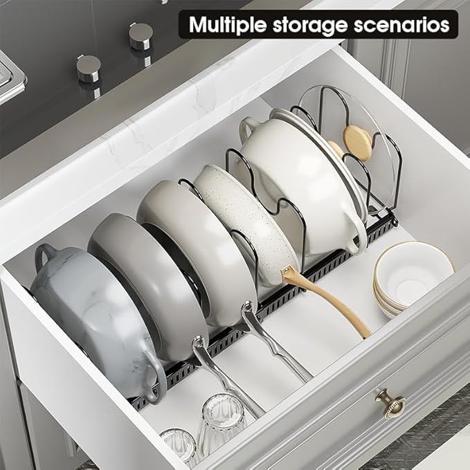 Expandable Pots and Pans Organizer Rack, Pot Lid Kitchen Cabinet Organizer Holder with 10 Adjustable Compartment, Cookware Rack for Kitchen Cabinet Storage, Black