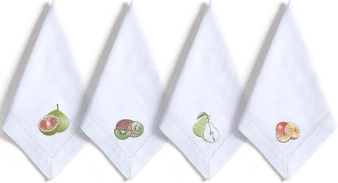Bedding Craft Cotton Cloth Dinner Napkins Set of 12 – 18x18 Embroidered Motif with Hemstitched Design – Machine Washable Fabric Napkins for Weddings, Baby Showers, Christmas & Everyday Dining