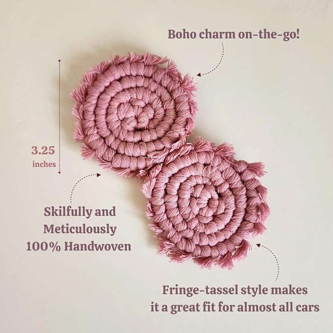 Cotton Car Coasters for Cup Holders, 2PC Car Cup Coasters, Drink Coaster Holder, Cute cupholder Coaster Accessories for Women, Macrame, Boho(Champagne Pink)