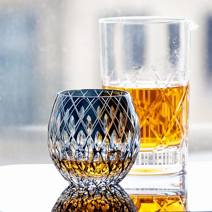 JINZHI Japanese Style EDO Kiriko Whiskey Glasses 11OZ Unique Shape Colored Hand Carved Glass Tumbler for Bourbon Lovers - Style Glassware for Rum - Rocks glasses in Gift Box (Blue)