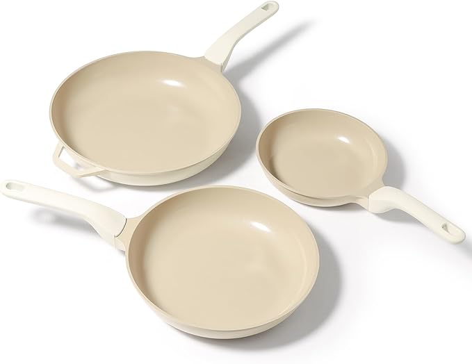 PRICUSIS 5Pcs Nonstick Ceramic Frying Pan Set, 8+10+12 Inch Induction Compatible with Stay Cool Handle, Fully Coated, 100% Dishwasher Safe, Healthy PTFE PFAS & PFOA Free Omelet Pans (Coconut White)
