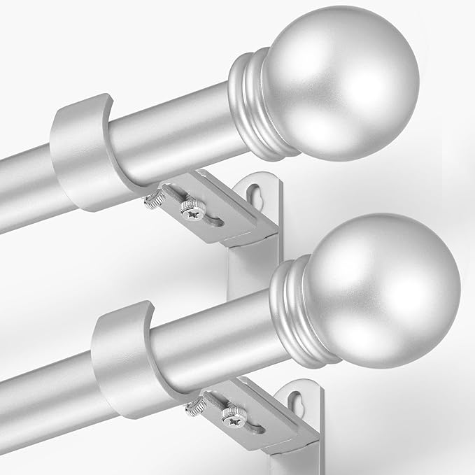 Curtain Rods for Windows 16 to 136 Inches, Curtain Rod Max Adjustable Length of 144 IN, 6/8" Diameter Drapery Rods Round Finials, Satin Silver, Pack of 2