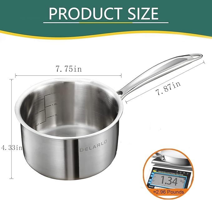 DELARLO Tri-Ply Stainless Steel 2.5 QT Saucepan with Lid, Heavy Duty Induction Pot, Fast Even Heat, Fuel Saving, Induction Cookware, Kitchen and Dining Steel Saucepan