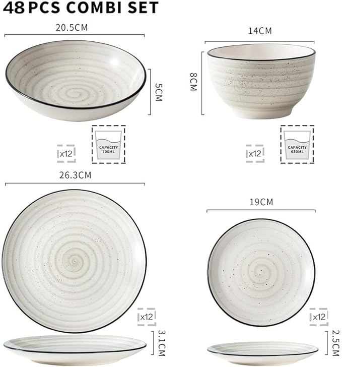 Beige 24/48-Piece Handpainted Spirals Stoneware Dinner Combi-Set with Bowl,Dessert Plate,Soup Plate,Dinner Plate(48pcs)