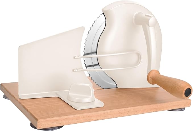 Manual Bread Slicer with Hand Crank, Classic Home Bread Slicer for Homemade Sourdough, Rotary Slicer with Adjustable Thickness, Premium Stainless Steel & Powerful Suction Cups (White)