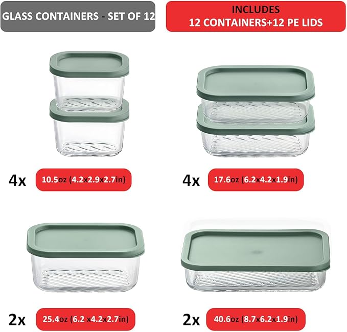 EATEX 12 Pack Glass Meal Prep Containers with Grooved Base, 12 Stackable BPA Free Glass Storage Containers with Lids for Lunch, Pantry, and Kitchen - Microwave, Dishwasher Freezer & Oven Safe - Sage