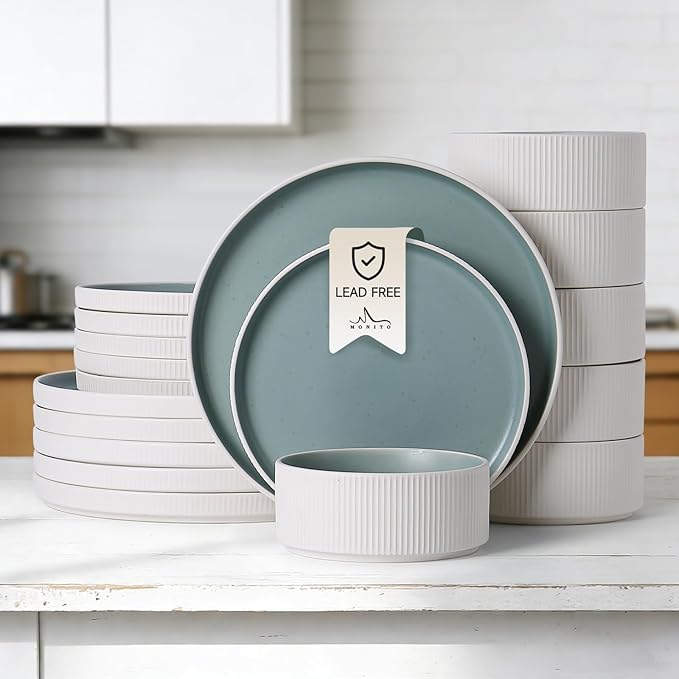 MONITO Ceramic Dinnerware Sets for 4, 18PCS Stoneware Plates and Bowls Sets, Reactive Glaze Dish Set, Chip and Scratch Resistant Double, Microwave and Dishwasher Safe, White Cyan