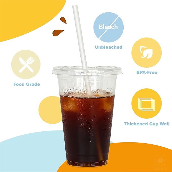 20 oz 100 Pack Disposable Clear Plastic Cups with Lids and Straws, Food Safe Bulk Iced Coffee Cups for Smoothies, Milkshakes and Other Cold Drinks