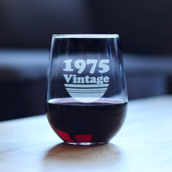 Bevvee Vintage 1975 Stemless Wine Glass - 51st Birthday Gifts for Women & Men Turning 51 - Bday Party Decor - Large 17 oz