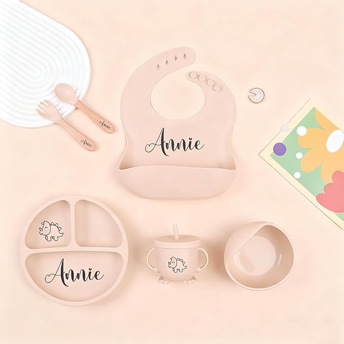 Silicone Feeding Set with Engraved Name for Baby-Led Weaning - Personalized Suction Plate, Bib, Utensils Eco-Friendly, BPA-Free Toddler Essentials - Newborn Shower Gift (6pc set)
