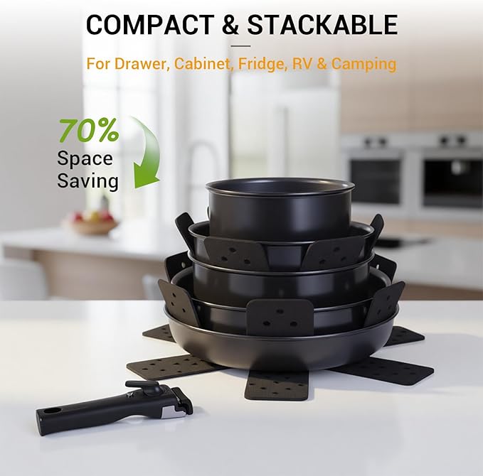 Ammeloo 18 Pcs Ceramic Pots and Pans Set Non Stick Kitchen Cookware Set with Detachable Handle, Non Toxic Cooking Set with Removable Handle for RVs, Camping, Fridge, Dishwasher/Oven Safe, Black