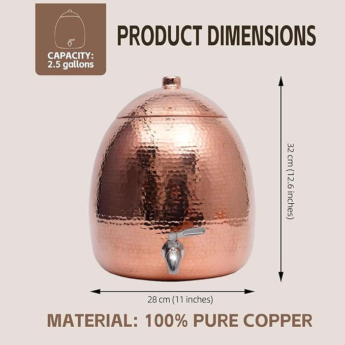 2.5 Gallon Hand-Hammered100% Pure Copper Water Dispenser - AyurvedicUncoated Artisan Crafted, Mirror Polished for Home & Office Use