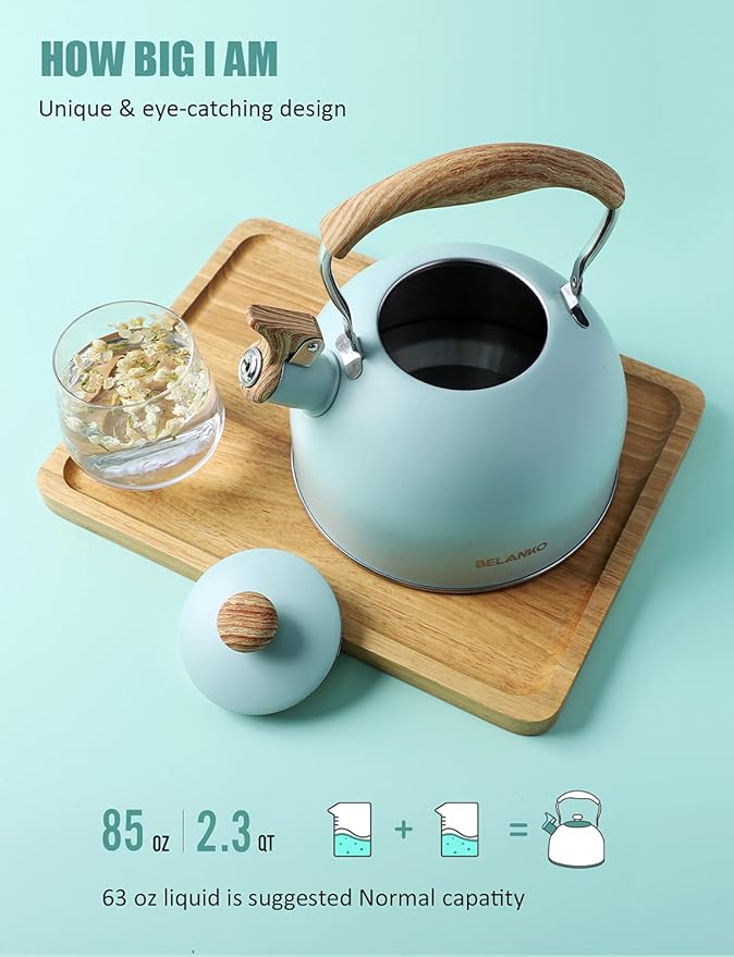 Tea Kettle, BELANKO 85 OZ / 2.5 Liter Whistling Tea Kettle, Tea Pots for Stove Top Food Grade Stainless Steel with Wood Pattern Folding Handle, Loud Whistle Kettle for Tea, Coffee, Milk - Turquoise