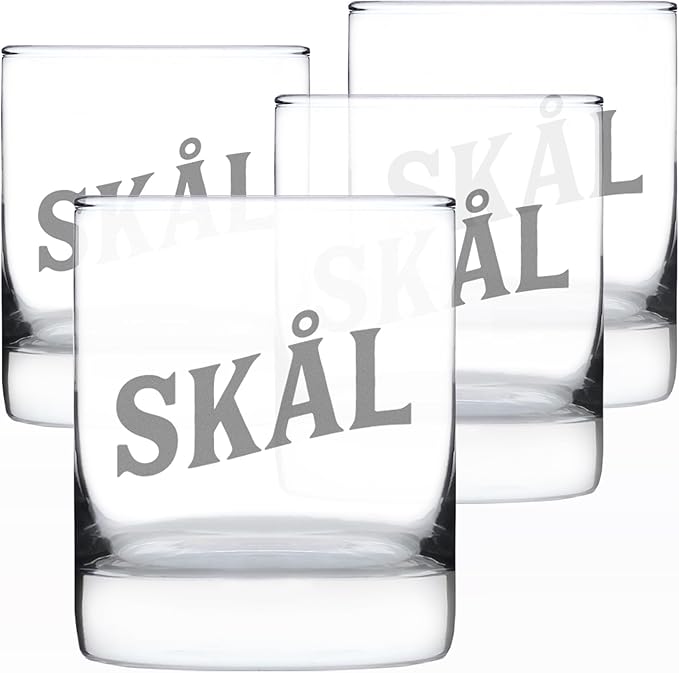 Bevvee Skal - Norwegian Cheers - Whiskey Rocks Glass - Fun Norway Themed Gifts or Party Decor for Women and Men - Set of 4-10.25 Oz